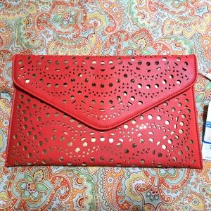 Urban Expressions Vegan leather red and gold clutch with removable strap